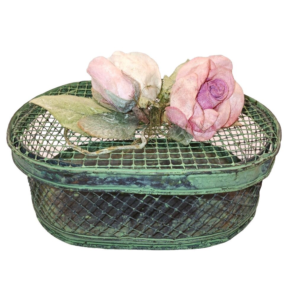 Primitive Green Wire Box w/ Lid & Fabric Flowers Shabby Cottage Core 6.5x4.5x3"